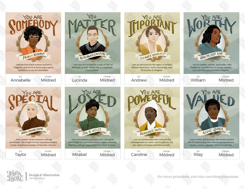 May include: Eight illustrated cards with portraits of notable women, each with a quote and the words "You Are" followed by a positive affirmation. The cards are in a grid format with a light green background and a light pink border. The text "To" and "From" are at the bottom of each card.