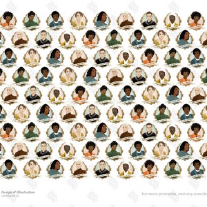 May include: A digital illustration of a pattern of 100 portraits of people with diverse skin tones, hair colors, and facial features. Each portrait is framed in a gold oval with a blue and white ribbon. The background is white.