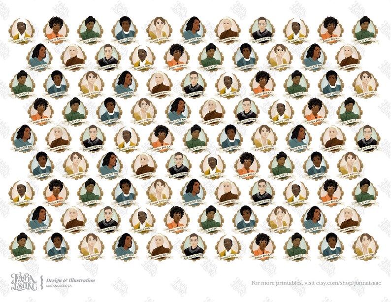 May include: A digital illustration of a pattern of 100 portraits of people with diverse skin tones, hair colors, and facial features. Each portrait is framed in a gold oval with a blue and white ribbon. The background is white.