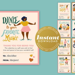 K&ouml;nnte beinhalten: Ein Satz druckbarer Valentinstagskarten mit Illustrationen von Menschen, die sich um sich selbst k&uuml;mmern. Die Karten haben einen rosa und pfirsichfarbenen Hintergrund mit bunten Illustrationen und Text, der lautet "Tanzen Sie zu Ihrer Lieblingsmusik", "Machen Sie eine gute Dehnung", "Reflektieren Sie und f&uuml;hren Sie ein Tagebuch", "Qualit&auml;tszeit mit einem Freund", "Machen Sie ein Mittagsschl&auml;fchen", "Gehen Sie nach drau&szlig;en zum Spaziergang", "Tanzen Sie zu Ihrer Lieblingsmusik" und "Achtsam meditieren".