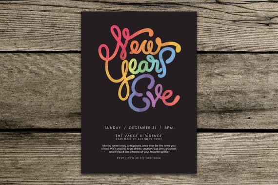 Editable New Years Eve Invitation Instant PDF Download Print Edit Neon Hand Drawn Typography Download