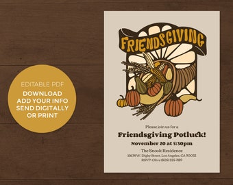 Friendsgiving Invitation with 70's Vintage Stained Glass Cornucopia Illustration - Instant Download - Digital Editable Printable PDF