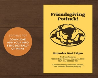 Friendsgiving Invitation with Vintage Mashed Potato Illustration - Instant Download - Digital Editable Printable PDF