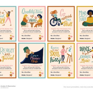 K&ouml;nnte beinhalten: Acht farbige, druckbare Karten mit Illustrationen und Text. Jede Karte zeigt eine andere Selbstpflege-Aktivit&auml;t, wie "Mache eine gute Dehnung", "Verbringe Zeit mit einem Freund", "Gehe nach drau&szlig;en zum Spaziergang", "Meditiere achtsam", "Reflektiere und schreibe Tagebuch", "Genie&szlig;e ein Mittagsschl&auml;fchen", "Lerne eine neue F&auml;higkeit oder ein Hobby", und "Tanze zu deiner Lieblingsmusik". Die Karten sind in einem rosa, blauen und gelben Farbschema gestaltet.