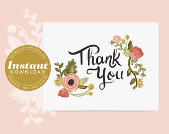 Floral Thank You Cards for Wedding or Everyday - Instant Download - Editable, Printable, Digital PDF