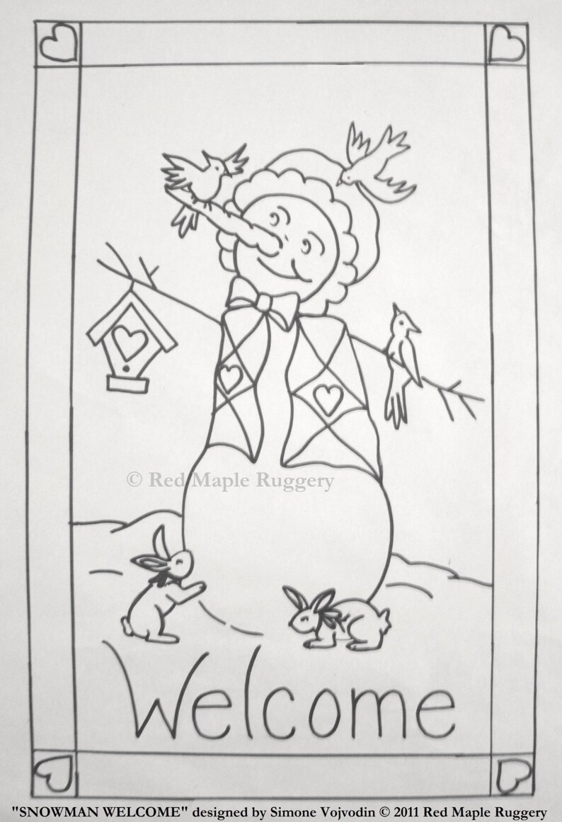 Puede incluir: Ilustraci&oacute;n en blanco y negro de un mu&ntilde;eco de nieve con un cartel de bienvenida que dice "Bienvenido". El mu&ntilde;eco de nieve lleva una bufanda y un sombrero. Hay p&aacute;jaros y conejos alrededor del mu&ntilde;eco de nieve.