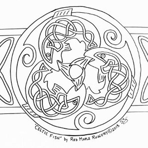 May include: A black and white line drawing of three fish intertwined in a Celtic knot design. The design is surrounded by a circle and two diamond shapes. The text "CELTIC FISH" by Red Maple Ruggery&copy;2013 is below the design.