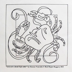 May include: A black and white line drawing of a crab in a square frame. The crab is facing to the right and has its claws raised. The text "OCEAN CRAB SQUARE" by Simone Vojvodin © Red Maple Ruggery 2013 is below the image.