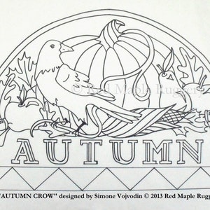 May include: A black and white line drawing of a crow perched on a pumpkin with corn, apples, and leaves. The word "AUTUMN" is written below the image. The text "AUTUMN CROW" designed by Simone Vojvodin © 2013 Red Maple Ruggery" is at the bottom of the image.