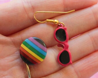 1980s Vintage Mismatched Fun Set of Earrings...striped. rainbow earrings. sunglasses. 80s glam. heart. 80s costume. rad. rocker. glam. party