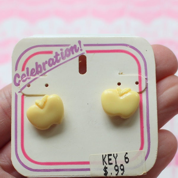 1980s APPLE Fruit Earrings.....yellow. retro. new old stock. jewelry. kitsch. costume party. novelty. cute. kawaii. kooky. colorful. artsy