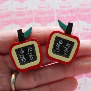 1980s Red APPLE Fruit Teacher 1 2 3 Earrings.... retro. jewelry. kitsch. costume party. novelty. cute. kawaii. kooky. art. school. students