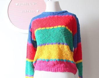 Vintage RAINBOW DREAM Oversized Geometric Sweater..GITANO. large. colorful. bright. retro. unisex. striped. rainbow. 1980s sweater. rad. fun