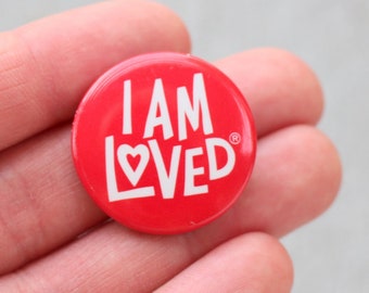 1980s Vintage I AM LOVED Button Pin..retro accessories. kitsch. flair. red. jewelry. 80s accessories. funky. gift. loveable. cute. valentine