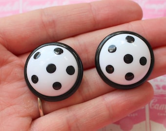 Vintage POLKA DOT Earrings..round. black and white. pierced ears. retro accessories. classic. mod. dots. kitsch. ladies. cute. studs. flirty
