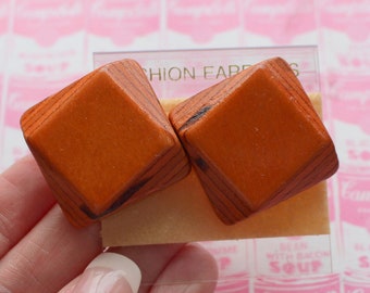 1980s Wooden Square Earrings: Aztec Boho Studs
