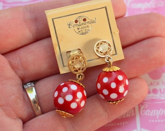 1980s Red Polka Dot Clip On Earrings: Vintage Costume Jewelry