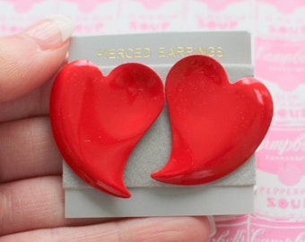 1990s Red Heart Stud Earrings: Kitsch Retro Glam