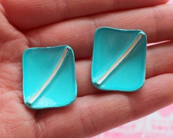 1980s Vintage Blue Teal Artsy Costume Earrings......retro accessories. mod. geometric. bright. teal. pierced ears. square. striped. party