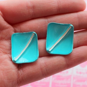 1980s Teal Square Earrings: Vintage Geometric Costume Jewelry