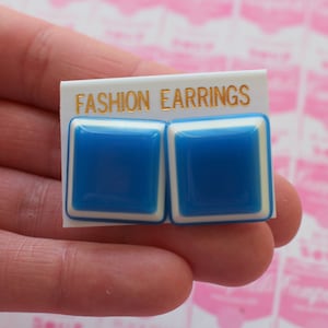 1980s Blue Square Stud Earrings: Vintage Costume Jewelry