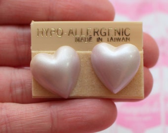 1980s Pink Heart Stud Earrings: Retro Kitsch Costume Jewelry