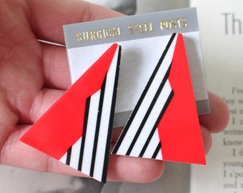 1980s Atomic Red Striped Earrings - New Old Stock