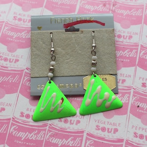1980s Neon Triangle Dangle Earrings: Geometric Costume Jewelry