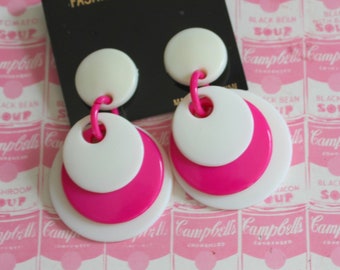 Vintage 80s  PINK White Clip On Earrings.....costume. 1980s glam. sexy. killer 80s. rad. rocker. punk. indie. hipster. huge. costume party