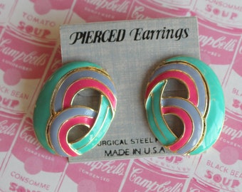 NOS 1980s Colorful Fun Stud Earrings....killer. glam. pierced ears. studs. retro. oval. mint. pink. kitsch. fancy. women. mod girl