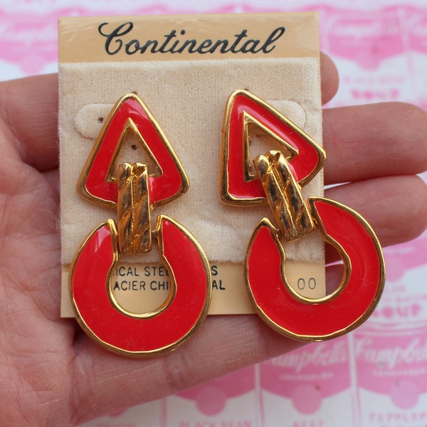 1980s Bright Red Pierced Earrings.....gold. triangle. costume. 80s glam. fashion. killer 80s. rad. rocker. punk. indie. hipster. big. NOS