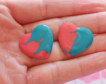 1980s Heart Stud Earrings: Blue & Pink Retro Kitsch