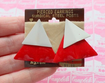 1980s Red Triangle Earrings: Geometric Costume Jewelry