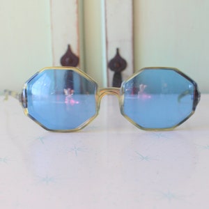 Vintage 1960s MOD Hexagon Sunglasses: Oversized Blue Tint Lens