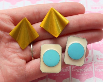 1980s Retro Earrings Set: Mustard Yellow Triangle & Blue Mod Earrings