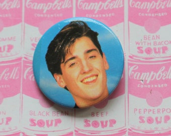May include: A blue button with a picture of a young man with brown hair. The button is on a background of pink and white Campbell's Soup cans.
