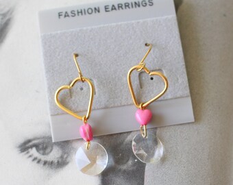 1980s Heart Dangle Earrings: Pink Bead, Crystal Charm (NOS)