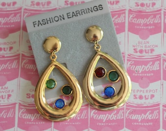 1980s Gold Teardrop Earrings with Gems