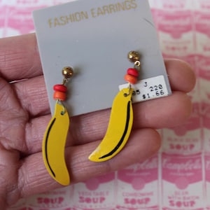 1980s Wooden BANANA Fruity Earrings....kitsch. retro. fruit jewelry. kitschy. costume party. novelty. cute. kawaii. kooky. colorful. artsy