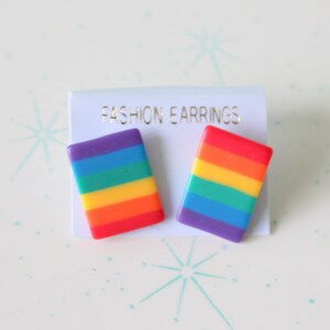 1970s Rainbow Stud Earrings: Vintage Striped Plastic Jewelry
