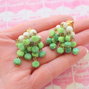 Vintage Green Beaded Clip On Earrings: Retro Party Accessories