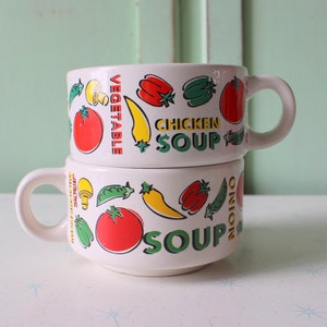 Vintage Soup Mug Set: Retro Vegetable Design, 1960s-70s