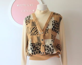 1980s Animal Print Knit Sweater Vest - Made in USA - Medium