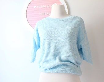 1980s  Blue Crop Sweatshirt: Slouchy Boho Top (Small)