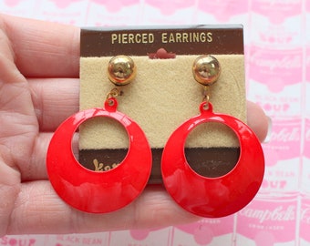 1980s Big GLAM Earrings....red. retro. kitsch. glam earrings. indie. aztec. gem. dangly. pierced ears. 1980s glam. NOS. artsy hoops. pierced