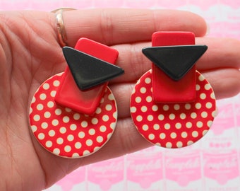 1980s Polka Dot Stud Earrings: Red & White Mod Costume Jewelry