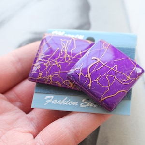 Vintage 80s Purple Square Earrings: Pierced Metal Glam