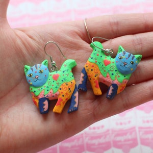 1980s CAT Earrings...kitsch. retro. new old stock. kitty. meow. kitschy charms. costume party. novelty. cute. kawaii. kooky. colorful. artsy