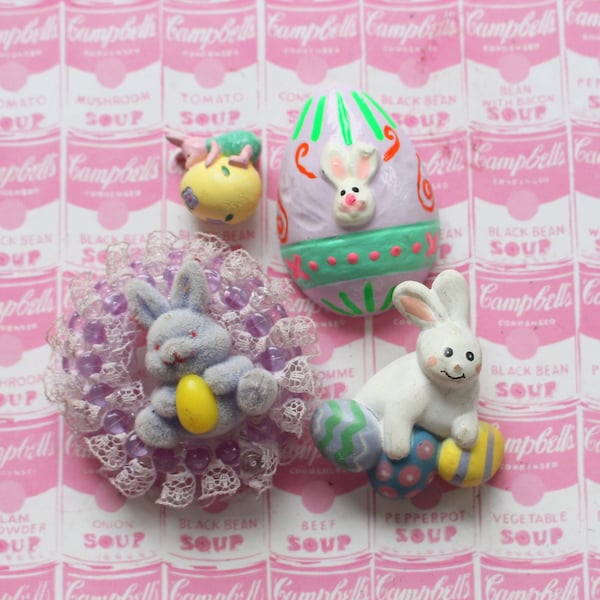 Vintage BUNNY RABBIT Easter Brooch Pin Set Lot of 4......retro. vintage home. kitsch. 1980s bunnies. hop. bunnies. cute. easter jewelry