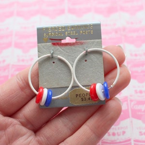1980s Red White Blue Hoop Earrings: Geometric Costume Jewelry